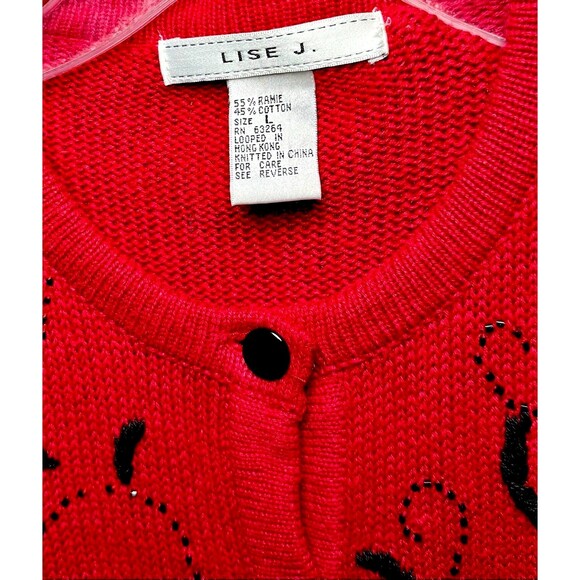 LISE J. Red Granny Cardigan Embroidered Beaded Large Ramie Cotton Long Sleeve - Picture 2 of 6